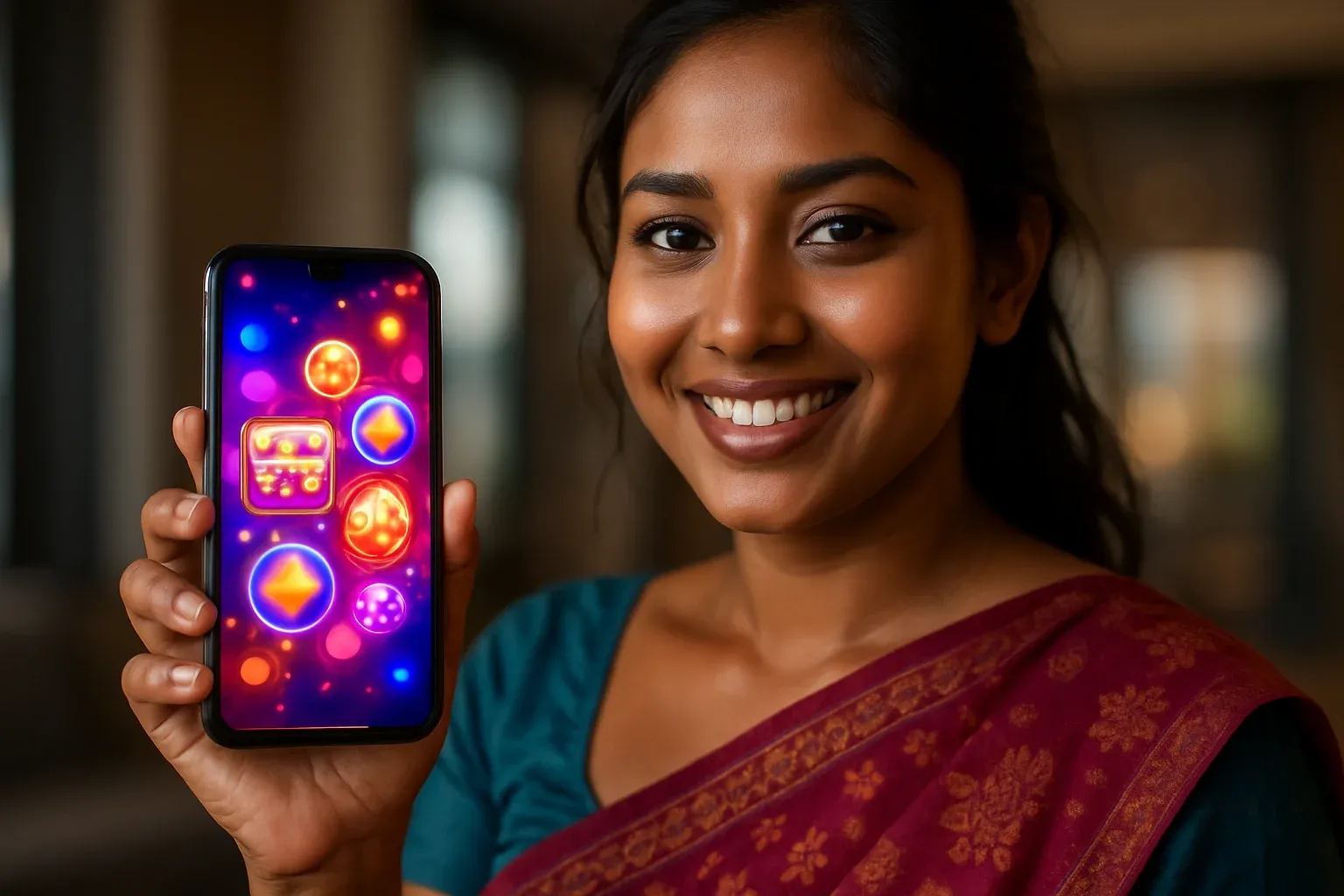 Young Bangladeshi woman holding glowing smartphone showing abstract casino app UI