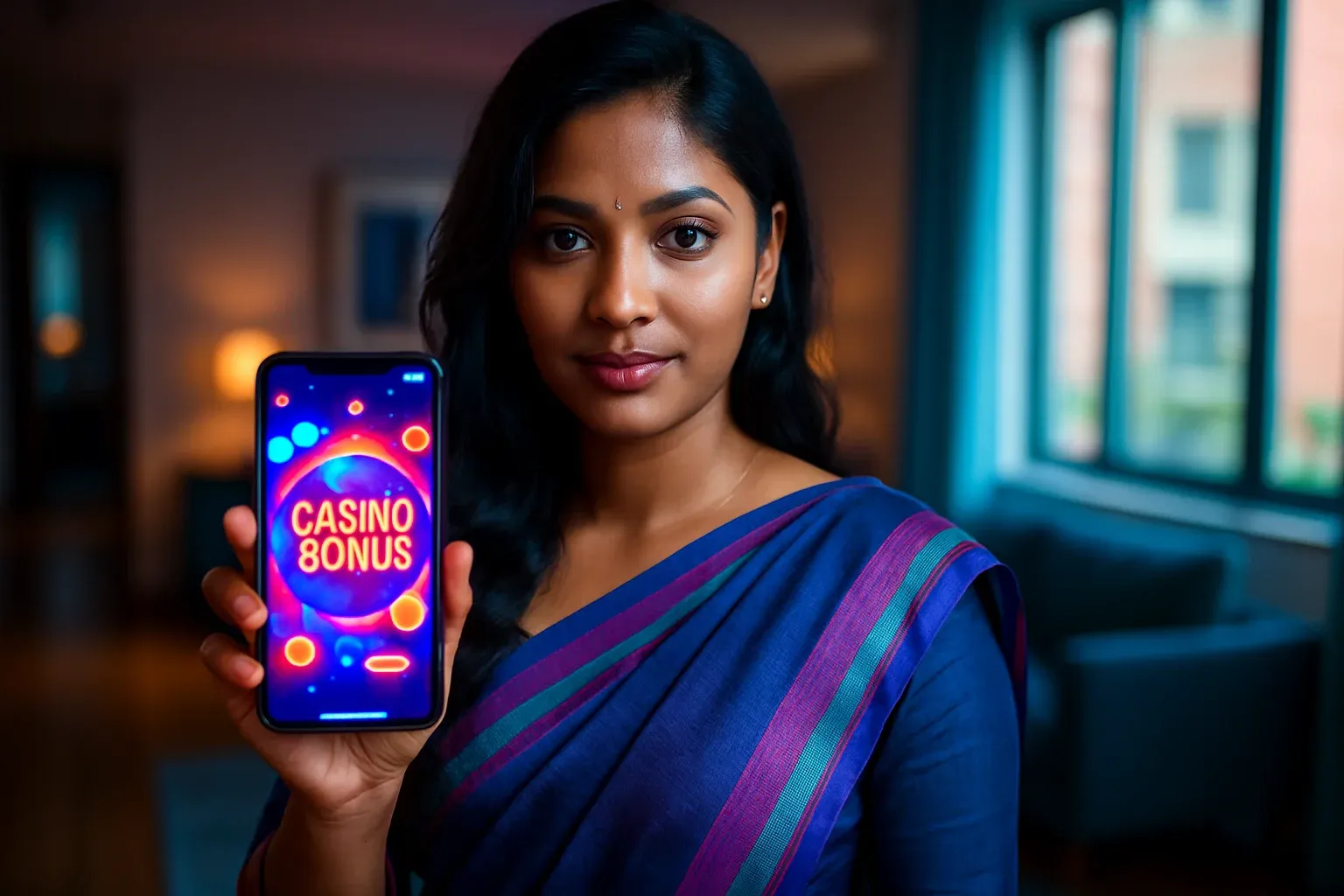 Bangladeshi woman holding glowing smartphone showing colorful casino bonus interface