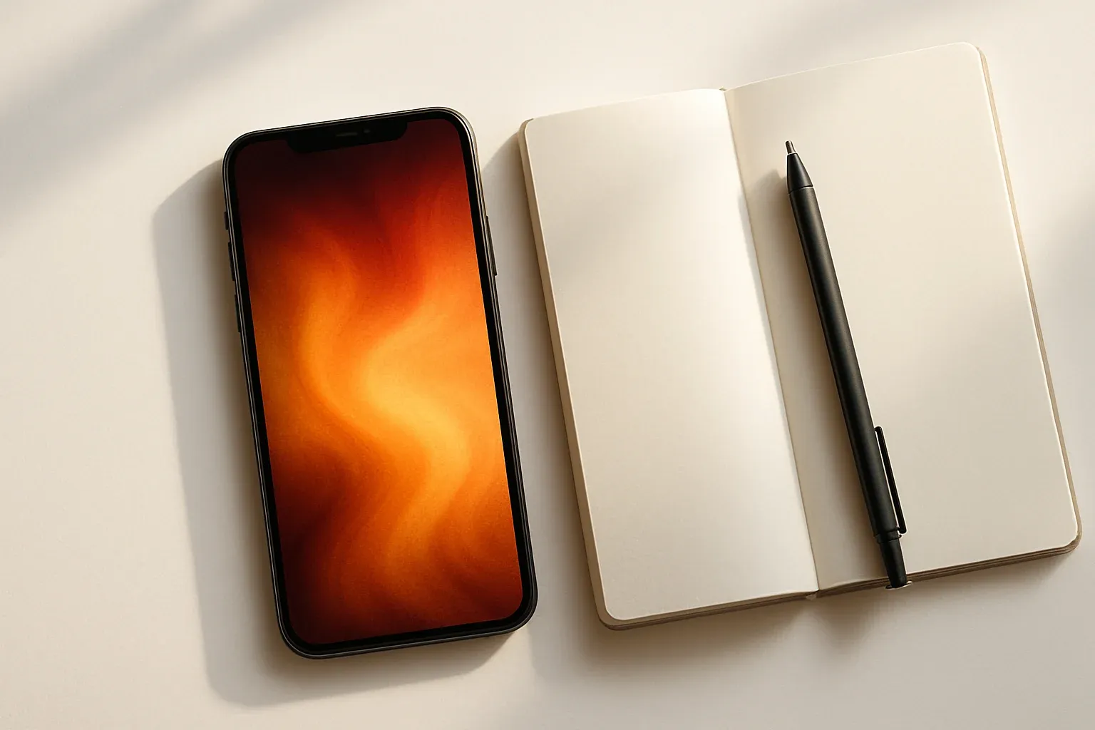 Smartphone beside pen and open blank notebook on clean white desk