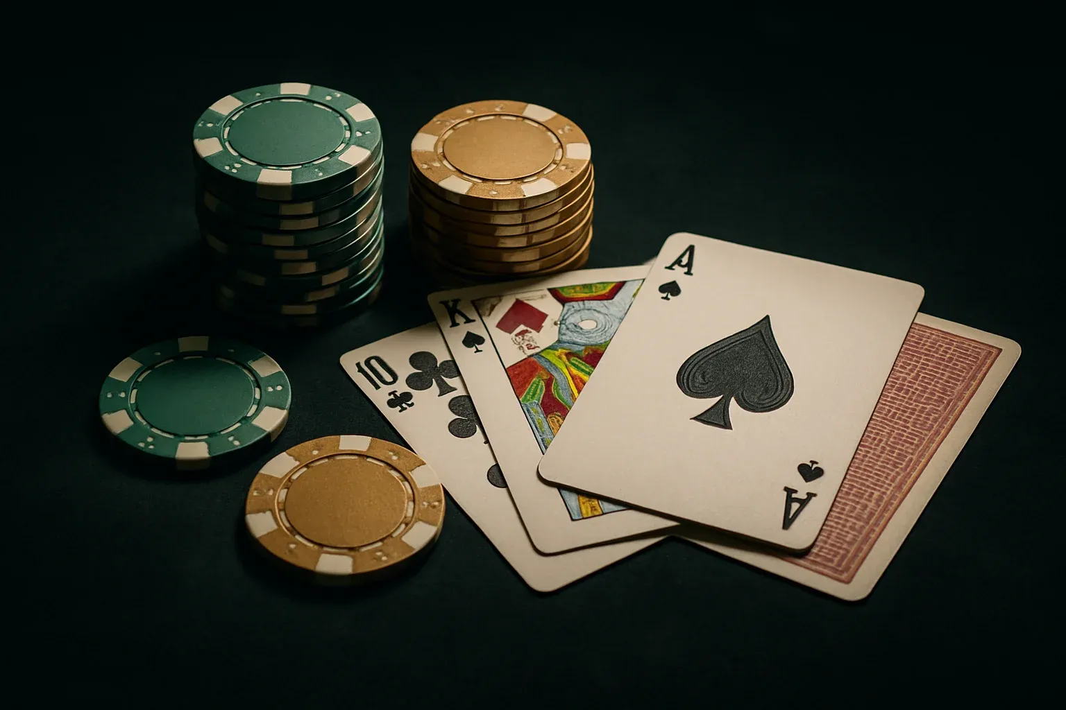 Hyperrealistic casino chips and playing cards on dark velvet under spotlight