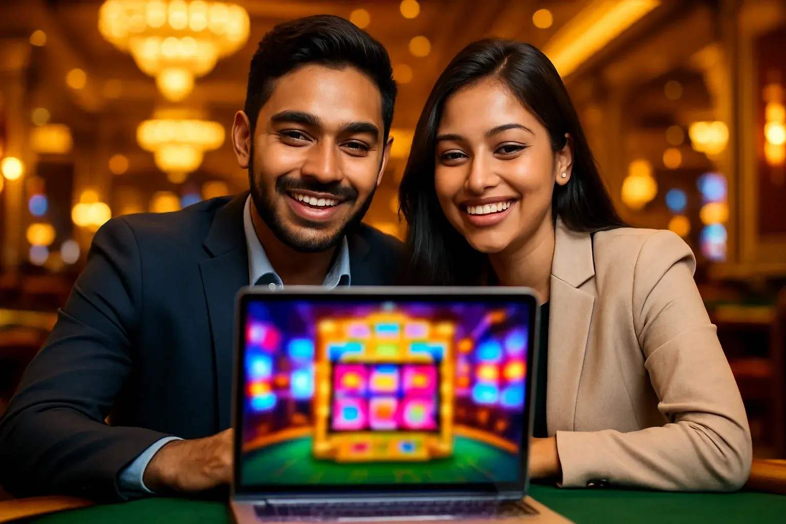 Smiling Bangladeshi couple in casino lounge viewing glowing laptop screen