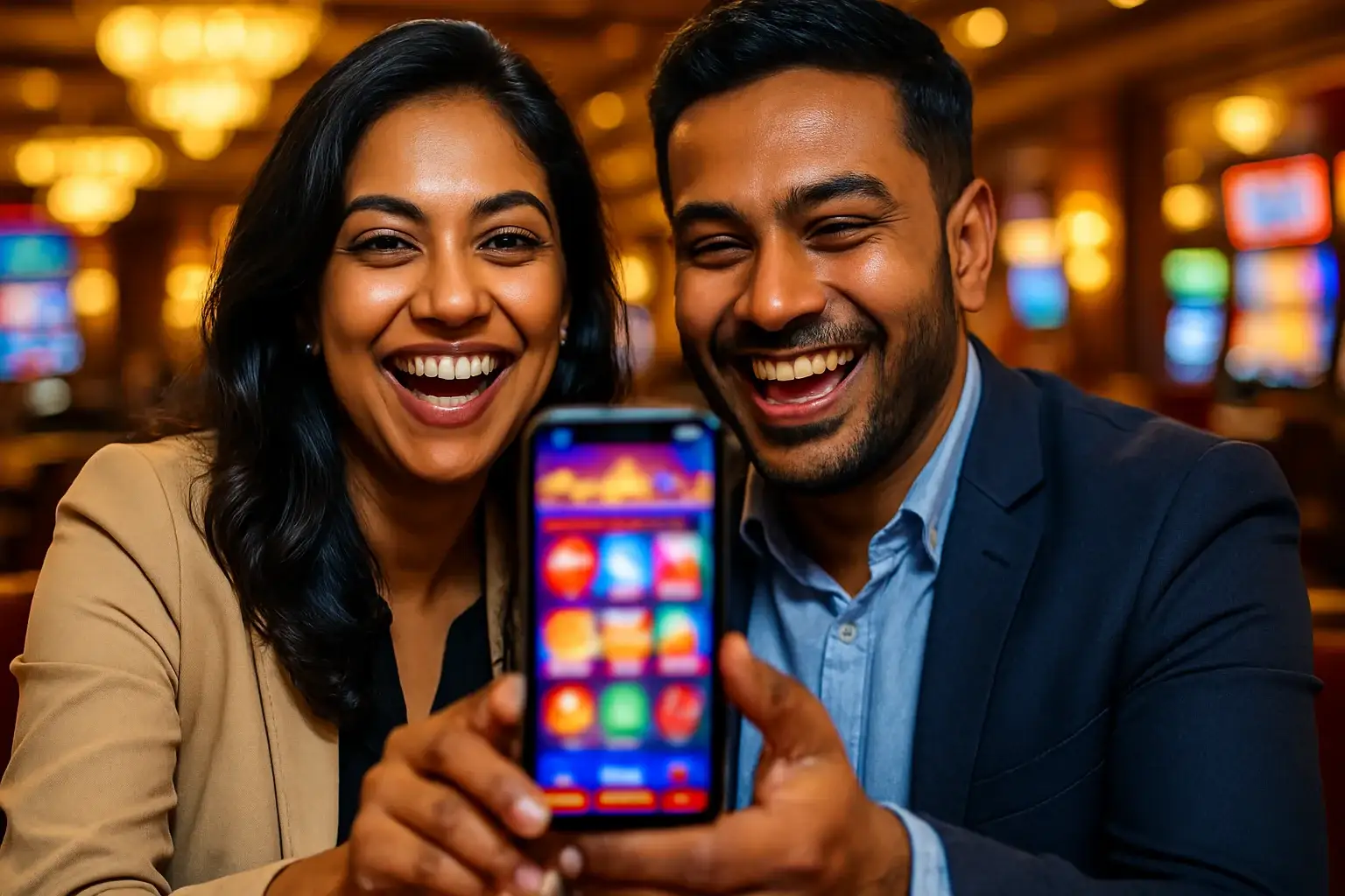 Smiling Bangladeshi couple sharing a glowing smartphone in a bright casino lounge