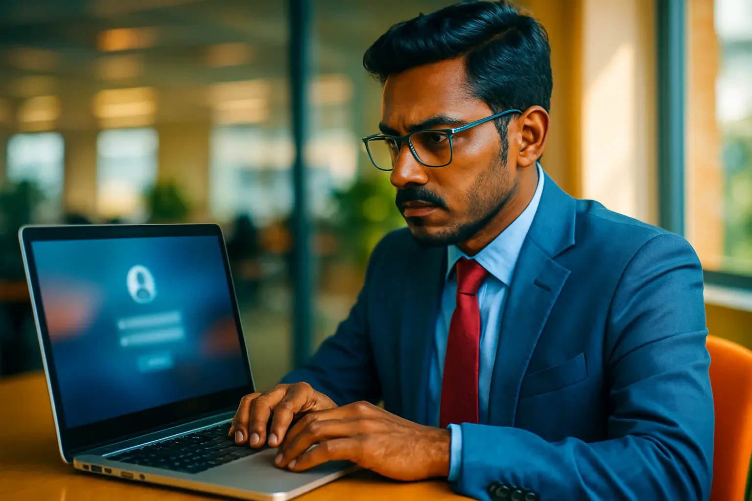 Bangladeshi professional using laptop in bright office with blurred login screen