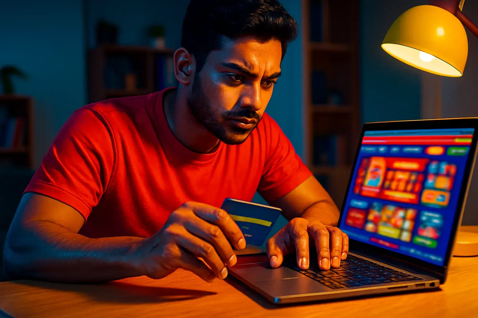 Bangladeshi man sets aside credit card beside laptop, showing spending control