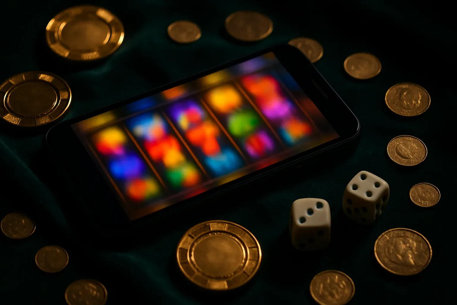 Smartphone showing blurred slot game, chips, coins, dice on emerald velvet
